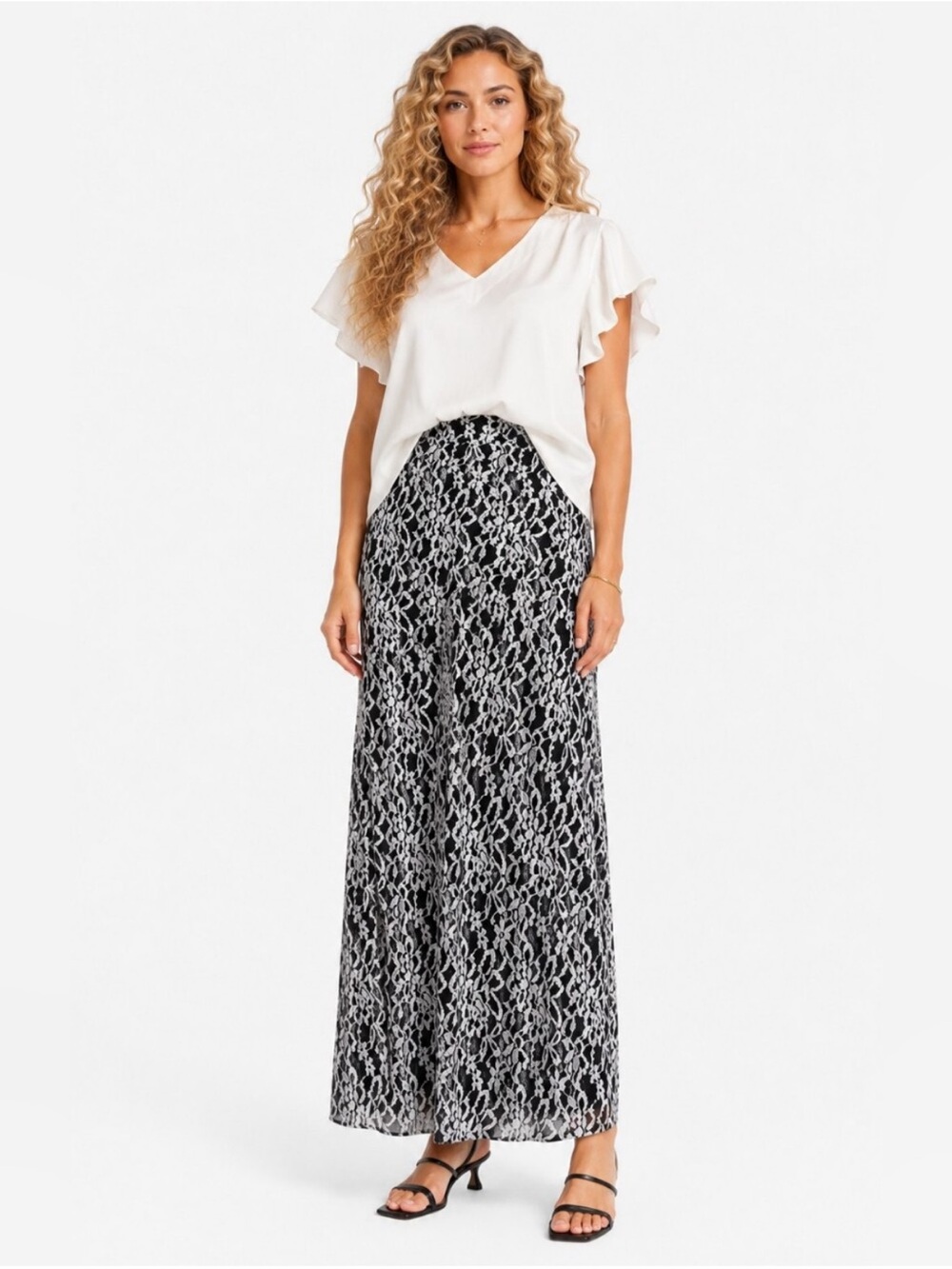 Black White Lace Overlay Maxi Skirt L Stretchy Lined Boho Romantic